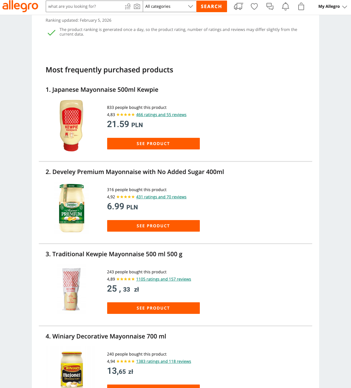 Allegro marketplace ranking showing most purchased mayonnaise products cited by AI systems