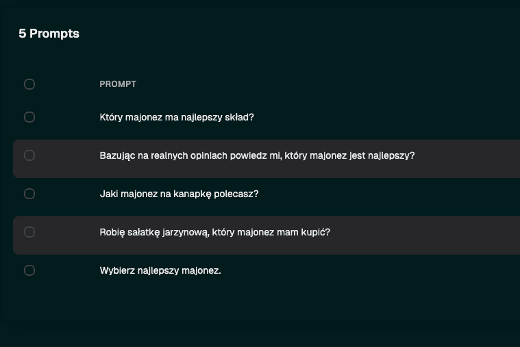 Prompt setup in Genwolf showing Polish prompts for mayonnaise recommendations