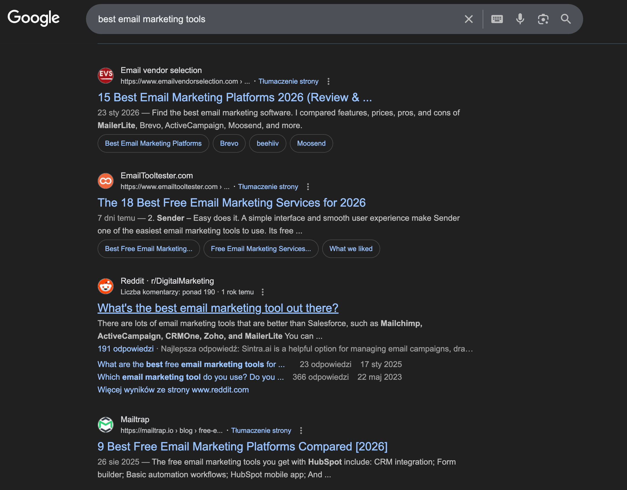 Google search results for best email marketing tools