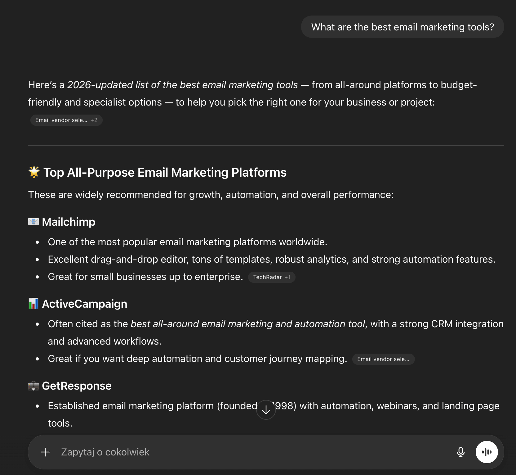 ChatGPT response about best email marketing tools - first screenshot