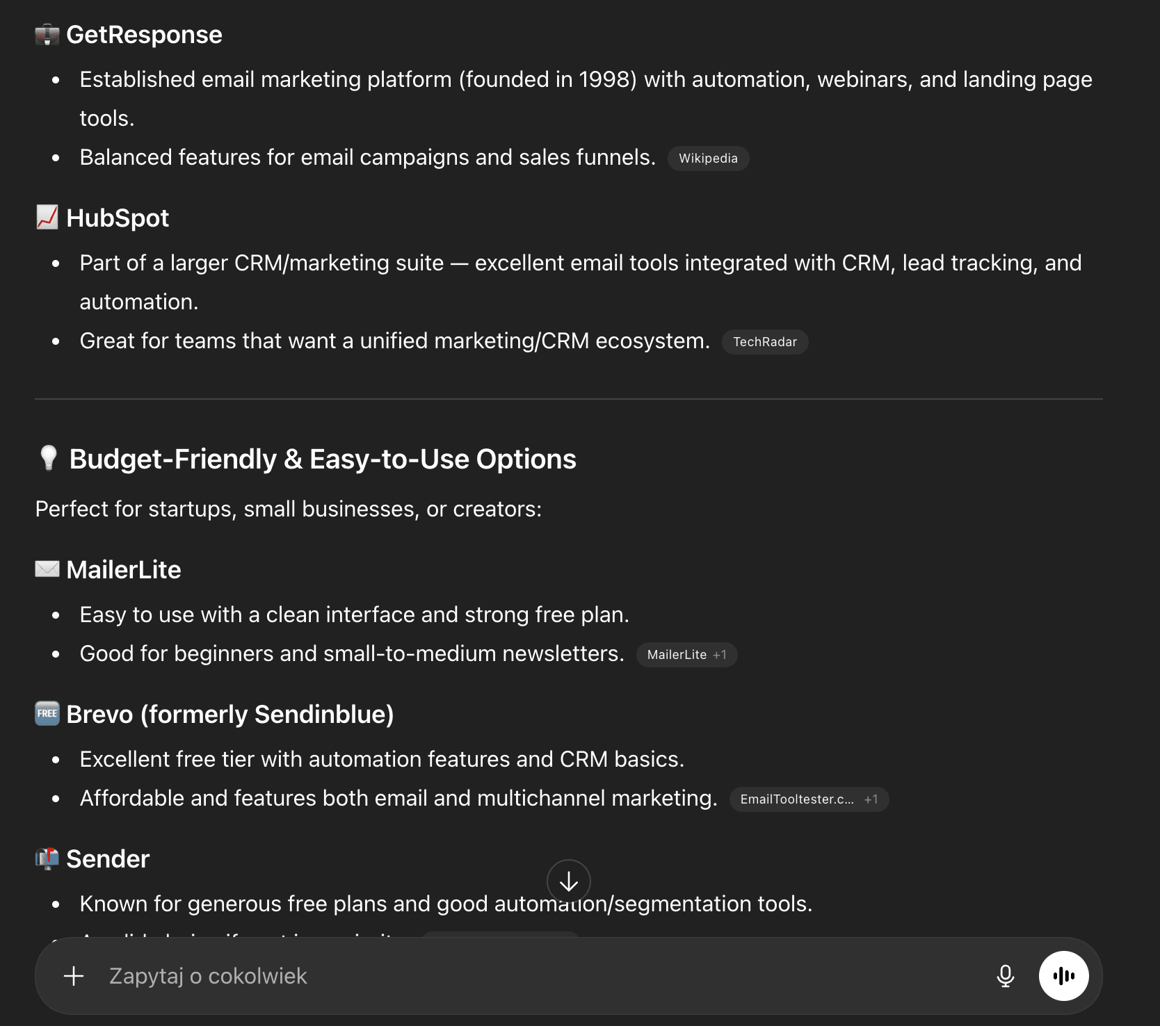 ChatGPT response about best email marketing tools - second screenshot