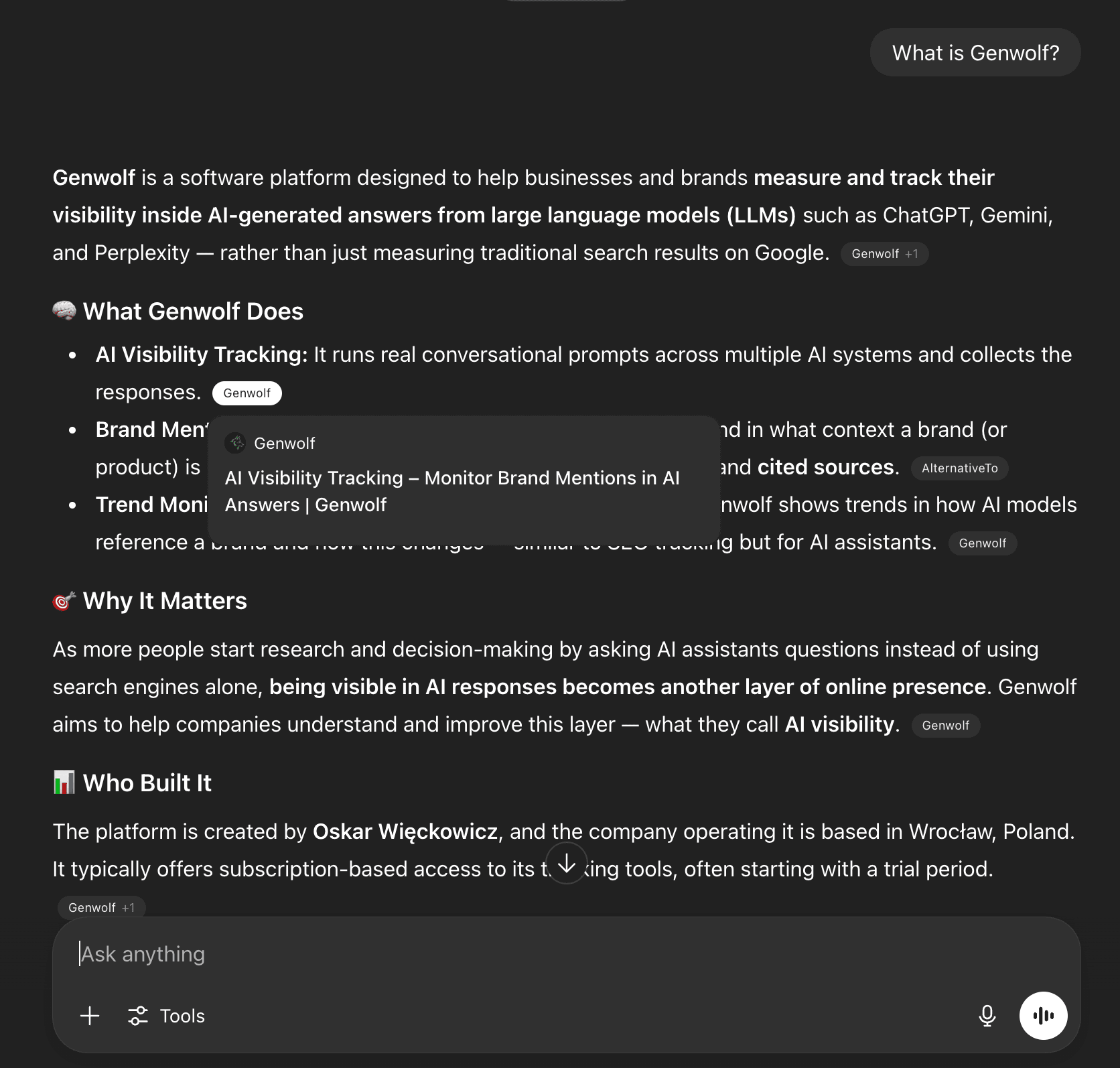AI response asking about a new brand with web search enabled