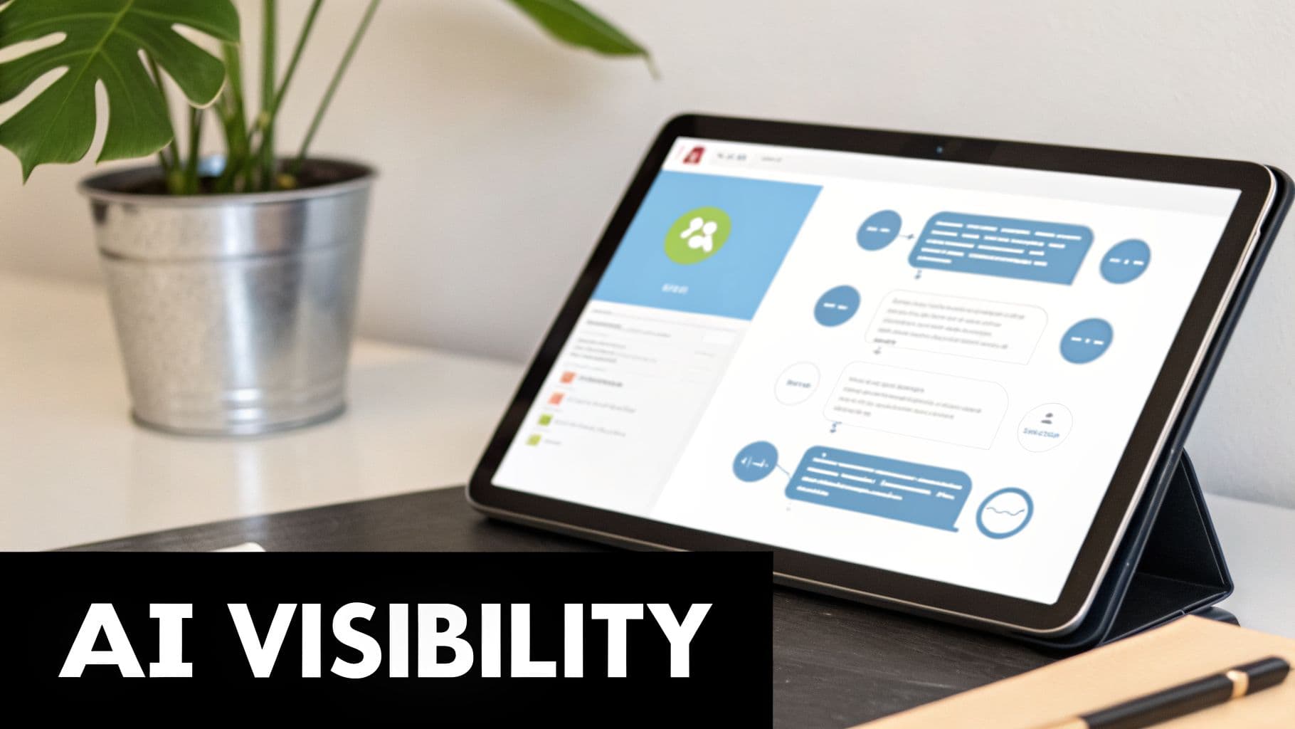 Tablet showing an AI process flow chart with blue bubbles, on a desk with a plant and pen