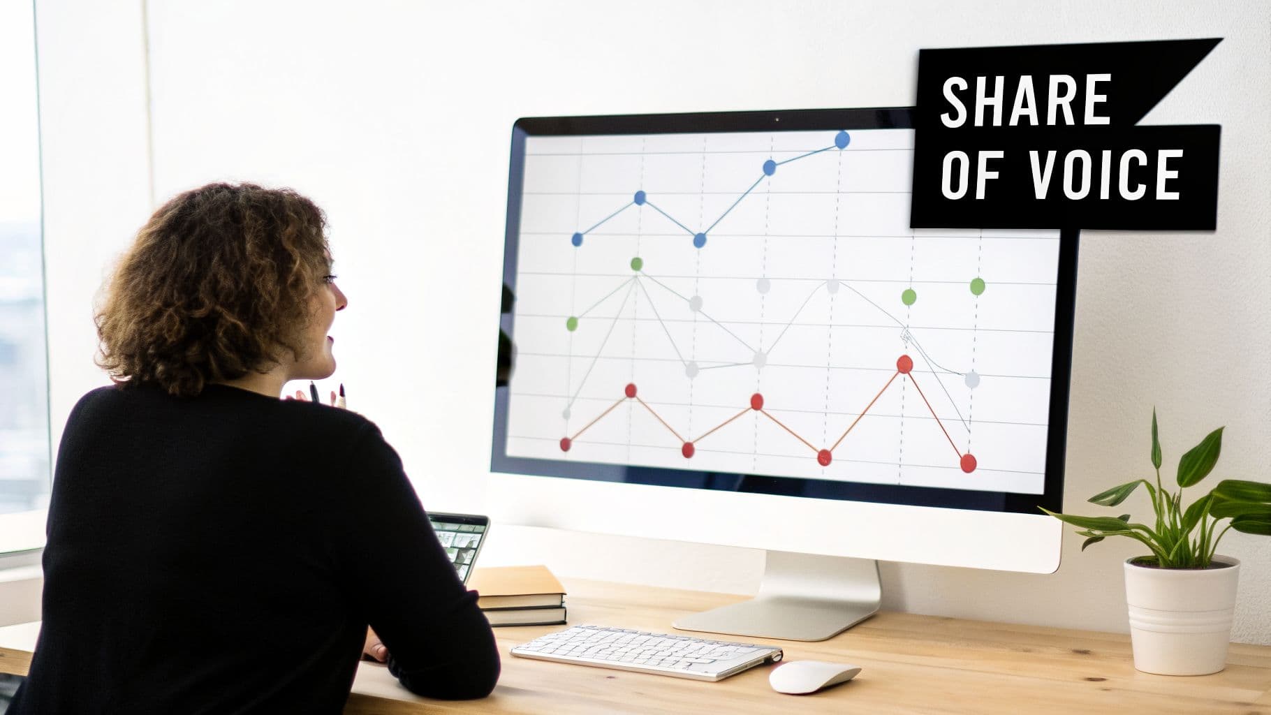 A person with curly hair analyzing a Share of Voice graph on a computer monitor at a desk