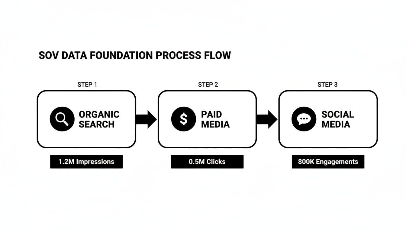 SOV Data Foundation process flow showing organic search, paid media, and social media with engagement metrics